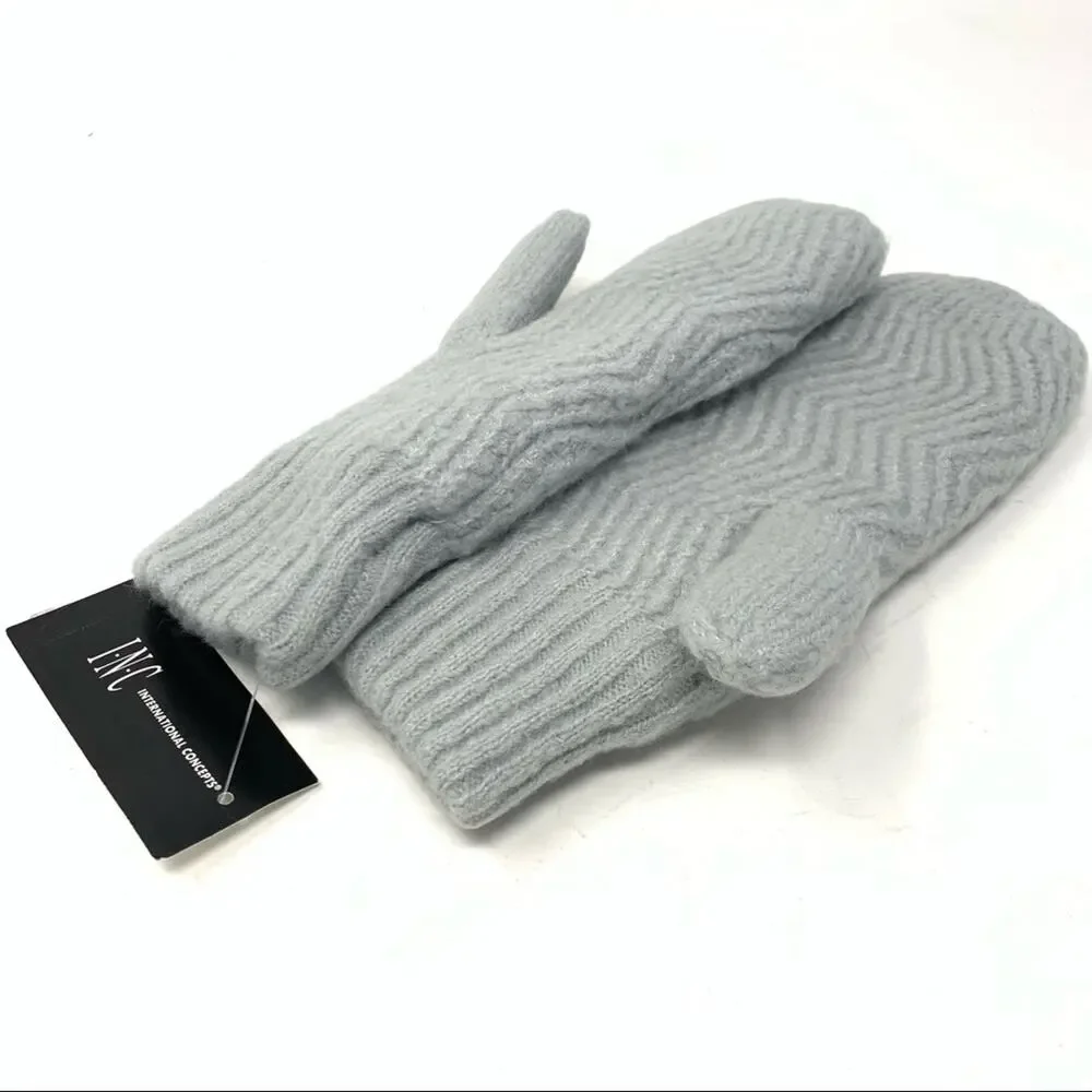 INC Chevron Light Grey Cozy Knit Fleece Lined Chenille‎ Mittens One Size